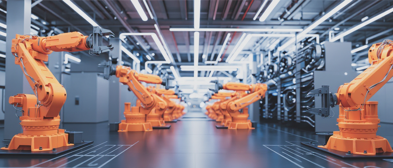 Modern factory automation with robotic arms